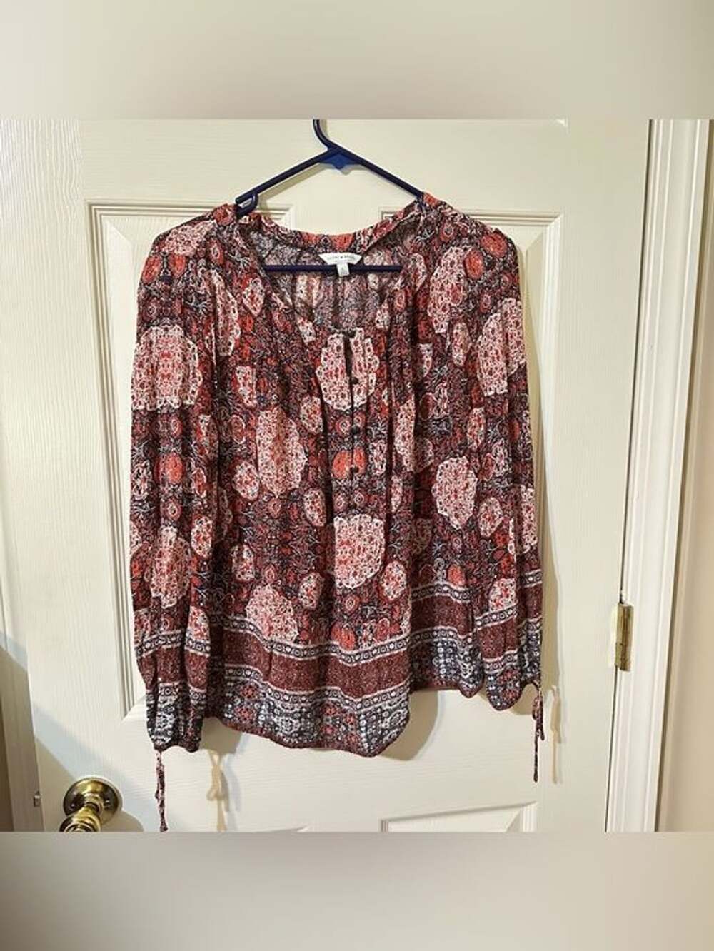 Bohemian Coral Paisley Peasant Blouse - , Women Tops